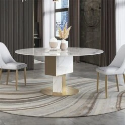 59" White & Gold Round Dining Table With Lazy Susan Of Light Luxury & Modern