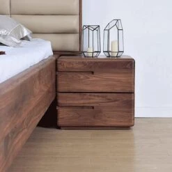 Japandi Minimalist Solid Wood Nightstand With 2 Drawers In Walnut