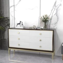59.1" Modern Bedroom Dresser With 6 Drawers Cabinet For Storage In Gold