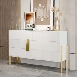 Modern White & Gold Dresser 6 Drawers Chest Storage Cabinet With Fluted -Best Furniture Store 1ce325ad136950490601b6641814cced