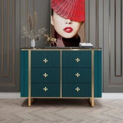 47" Modern Green Dresser Faux Marble Top Cabinet With 6 Drawers In Gold