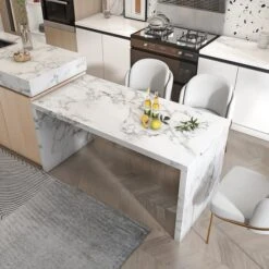 47" Modern White Kitchen Island Rectangular Marble Veneered Top