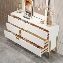 Modern White & Gold Dresser 6 Drawers Chest Storage Cabinet With Fluted -Best Furniture Store 1f37b61941bbd425fe8cc6fbf9bef615