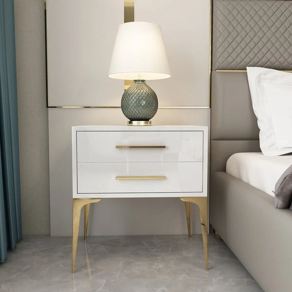 Modern White Nightstand Glossy 2-Drawer Classic Bedside Cabinet High Legs 3 Modern White Nightstand Glossy 2-Drawer Classic Bedside Cabinet High Legs