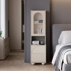 Modern Tall White Nightstand With Glass Door & Sheleves 2-Drawer Bedside Table