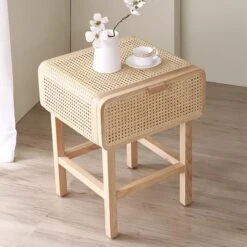 Wooden Natural Rattan Nightstand For Bedroom Living Room Storage Bedside Table -Best Furniture Store 48fd21eb82244893a3a8060e9e7c8aa7
