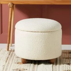 Modern White Boucle Vanity Stool With Lifted Top Storage Round Ottoman With Walnut Legs
