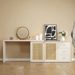Extra 10% OFF Modern White Retractable Makeup Vanity With Dresser Rattan Dressing Table With Drawers