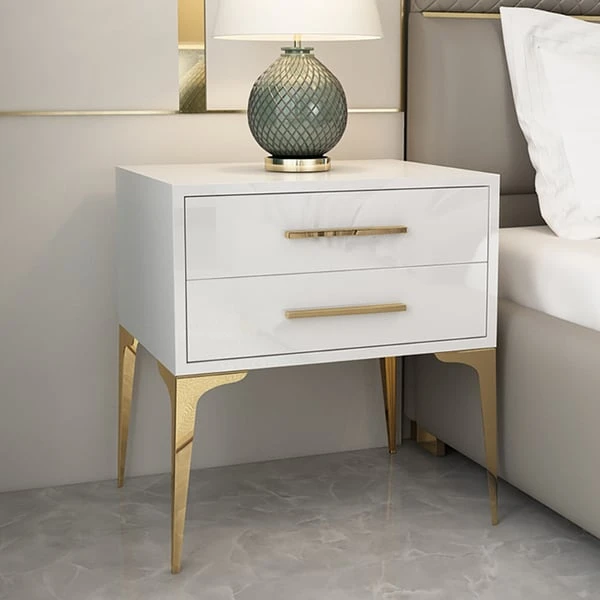 Modern White Nightstand Glossy 2-Drawer Classic Bedside Cabinet High Legs 4 Modern White Nightstand Glossy 2-Drawer Classic Bedside Cabinet High Legs - Image 2