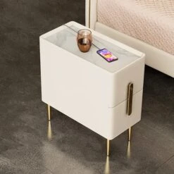 Modern Beige Nightstand Bedside Table With 2 Drawers In Gold Legs -Best Furniture Store 5b4566b01db0407bad6e9da80406d87d