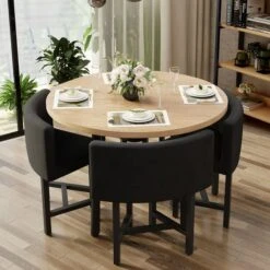40" Round Wooden Small Nesting Dining Table Set For 4 Gray Upholstered Chairs