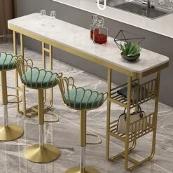 55.1" Modern Straight Bar Table With Shelves In White & Gold