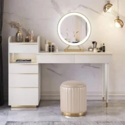 Off-white Makeup Vanity Set Dressing Table With Lighted Mirror Cabinet & Stool Included