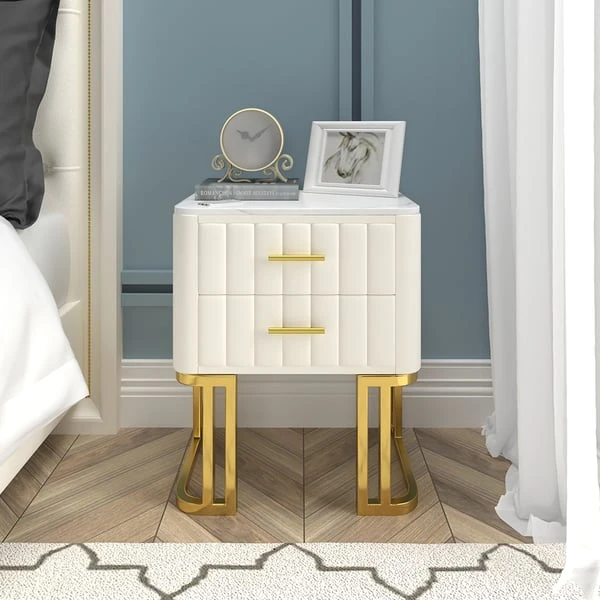 White Modern Small 2 Drawers Nightstand With Faux Marble Top And Gold Base 4 White Modern Small 2 Drawers Nightstand With Faux Marble Top And Gold Base - Image 2