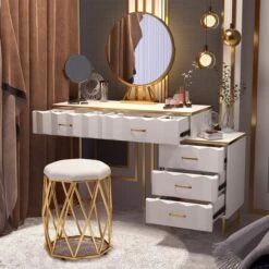 Modern White Extendable Makeup Vanity 5 Drawers Dressing Table Set With Stool And Mirror