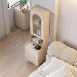 Modern Tall White Nightstand With Glass Door & Sheleves 2-Drawer Bedside Table -Best Furniture Store 96ae754c507549233ed5ed22963771ed