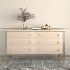 Minimalist Champagne Dresser Chest Of 6 Drawers Cabinet In Gold