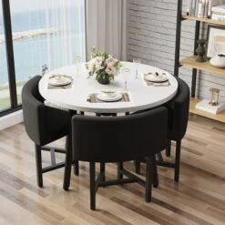 40" Round Wooden Small Nesting Dining Table Set For 4 Black Upholstered Chairs