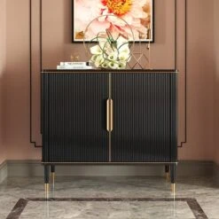 43.3" Modern Entryway Cabinet Black Accent Cabinet With 2 Doors 2 Shelves In Gold