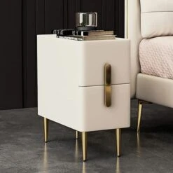 Modern Beige Nightstand Bedside Table With 2 Drawers In Gold Legs