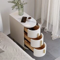Modern White Narrow 3 Drawer Nightstand Sintered Stone Top Bedside Table -Best Furniture Store bc486bec752c37e6a0e1bd4eb984d061