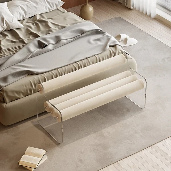 Modern White Velvet Bedroom Bench With Back Acrylic & Upholstered Bench 8 Modern White Velvet Bedroom Bench With Back Acrylic & Upholstered Bench - Image 6