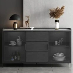 59" Black Sideboard Buffet Doors&Drawers Stone Top Modern Sideboard Cabinet In Large