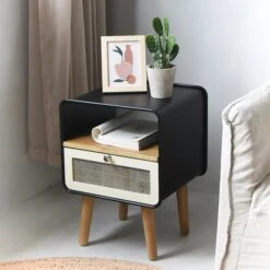 Rustic Small Nightstand In Black Square Bedside Table With Drawer & Shelf & Wooden Legs