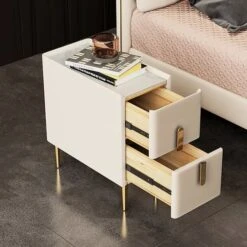 Modern Beige Nightstand Bedside Table With 2 Drawers In Gold Legs -Best Furniture Store e087303b44f34f28841b0334390e6c2f