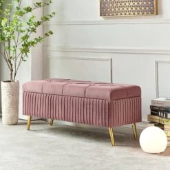 Modern Velvet Storage Bench Flip Top In Pink With Gold Legs -Best Furniture Store e4f73eeb69308cce25603dbf7138a968