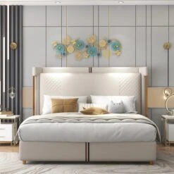 Beige Microfiber Leather Upholstered Bed With Wingback Headboard, California King