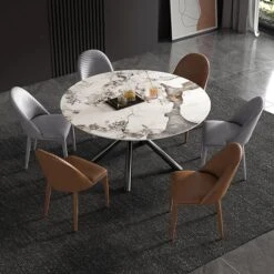 53" Modern Round Dining Table Faux Marble Tabletop For 6 Person