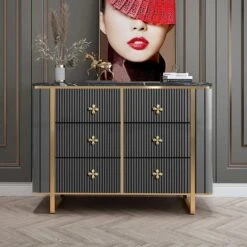 47" Modern Gray Dresser Faux Marble Top Cabinet With 6 Drawers