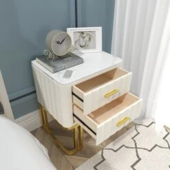 White Modern Small 2 Drawers Nightstand With Faux Marble Top And Gold Base 11 White Modern Small 2 Drawers Nightstand With Faux Marble Top And Gold Base -Best Furniture Store eecb180b63a23528fde933b656281c07
