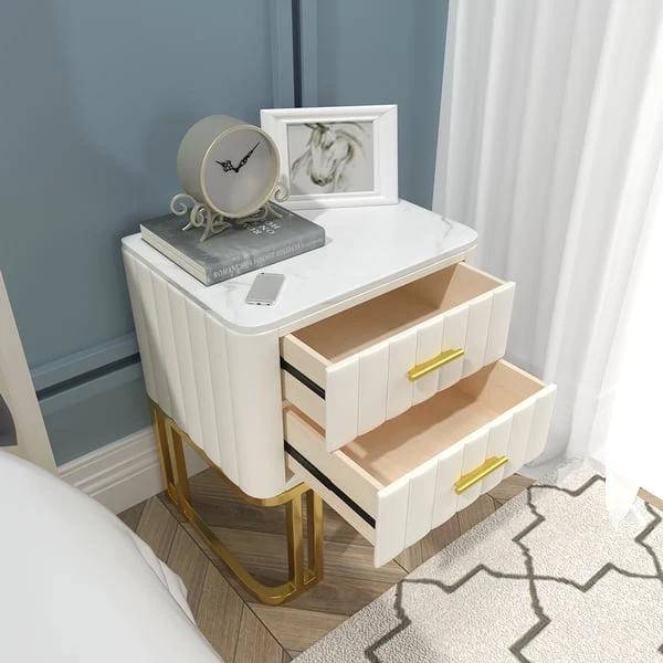 White Modern Small 2 Drawers Nightstand With Faux Marble Top And Gold Base 7 White Modern Small 2 Drawers Nightstand With Faux Marble Top And Gold Base - Image 5