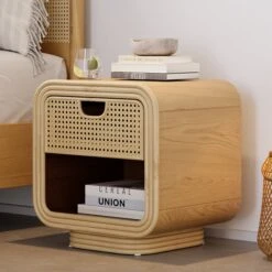 Boho Rattan Wood Natural Nightstand 1 Drawer Bedside Table With Open Storage